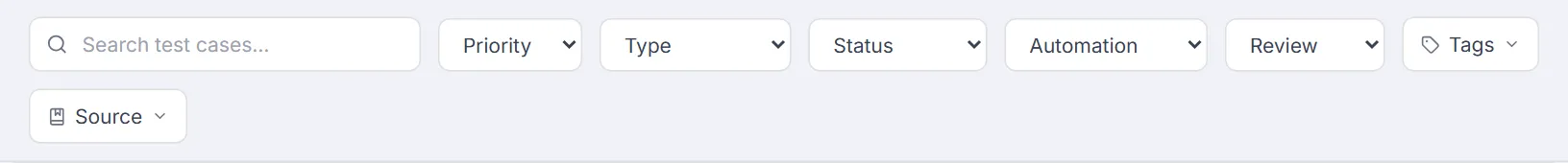 Filter bar — search box, Priority, Type, Status, Automation and Review dropdowns, Tags and Source filters