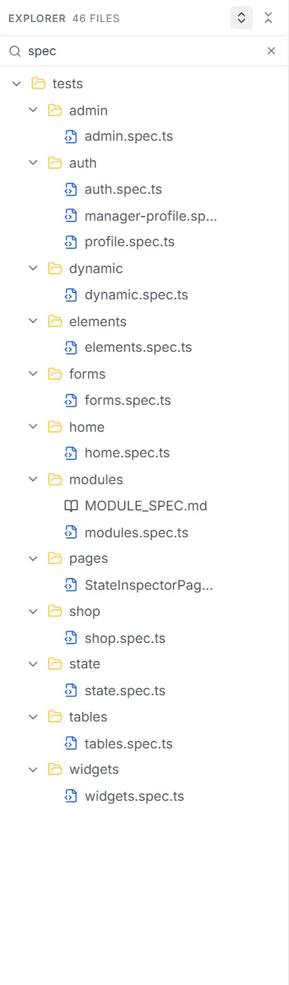 File tree filtered by spec — only the spec files and the folders that lead to them remain, with a clear (X) button in the filter box
