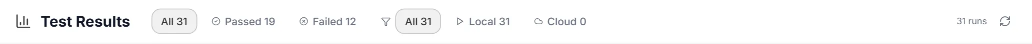 Results header with the status chips (All, Passed, Failed), the source chips (All, Local, Cloud) with their counts, the run count and the Refresh button
