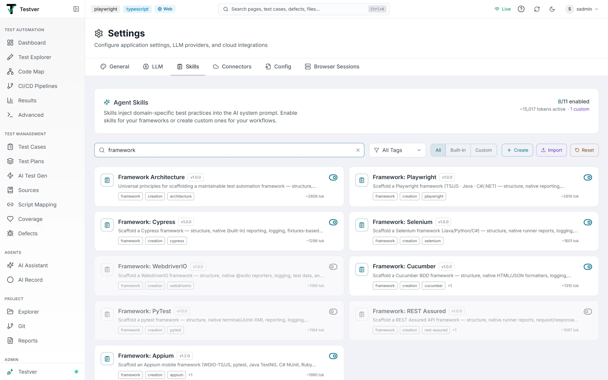 Settings → Skills filtered to framework — Framework Architecture and one skill per tool (Playwright, Cypress, Selenium, WebdriverIO, Cucumber, PyTest, REST Assured, Appium), each with its enable toggle