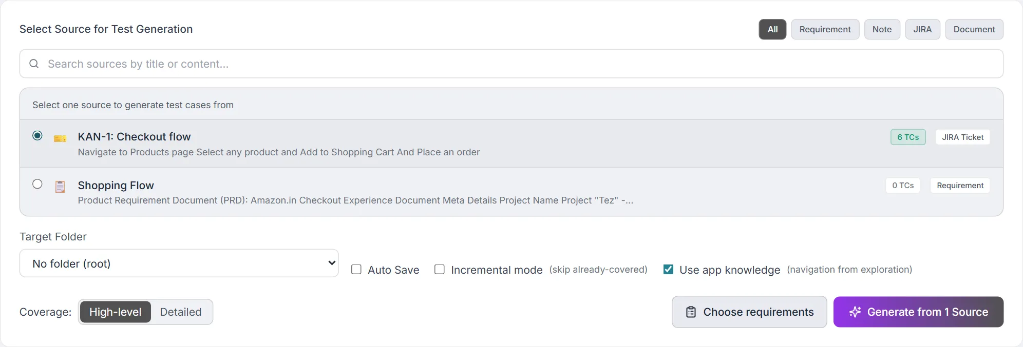 From Sources form — type chips, search box, a selected source with its TC count, target folder, Auto Save, Incremental mode, Use app knowledge, coverage toggle, Choose requirements and Generate from 1 Source