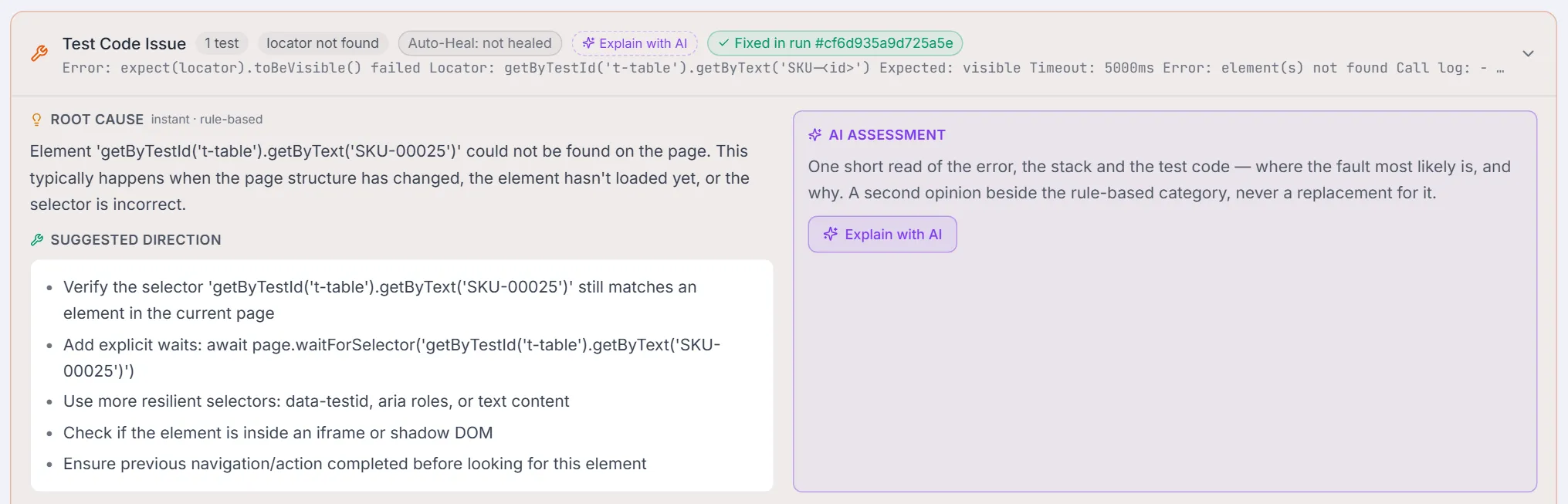 An expanded group — rule-based Root cause and Suggested direction on the left, the AI assessment column with its Explain with AI button on the right