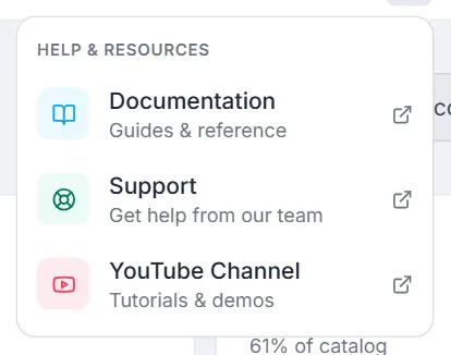 The Help & Resources menu — Documentation, Support and YouTube Channel, each opening in a new tab