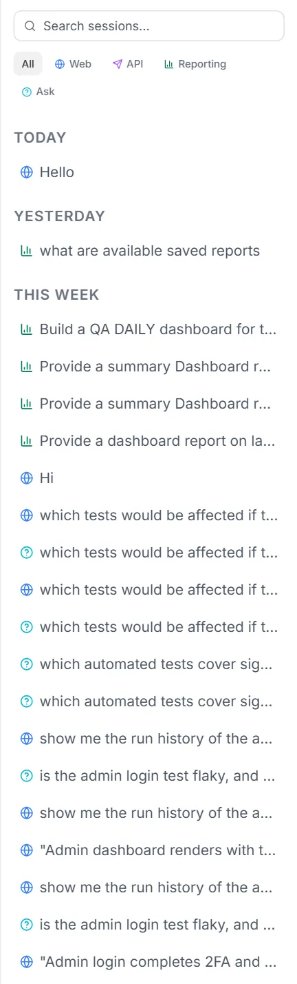 The History sidebar — session search, mode filter chips (All, Web, API, Reporting, Ask) and sessions grouped by Today, Yesterday and This Week, each with its mode icon