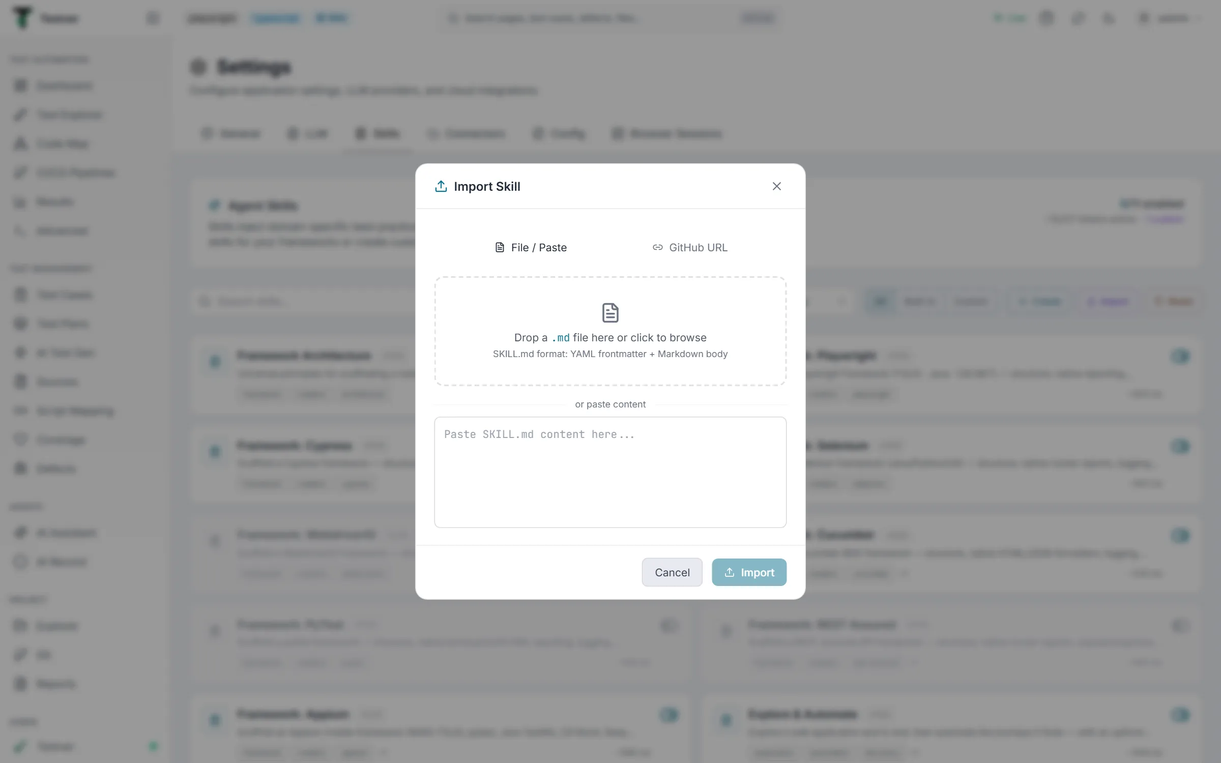 The Import Skill dialog — File / Paste and GitHub URL modes, a .md drop zone and a paste box