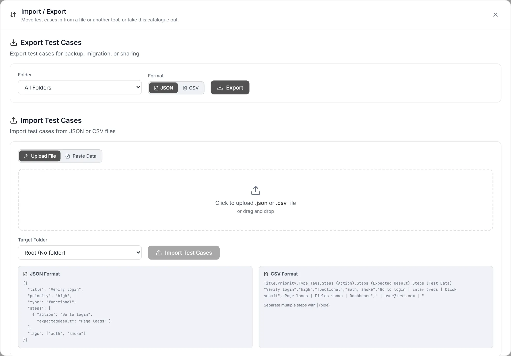 The same controls opened as a dialog from the Import / Export button on the Test Cases screen