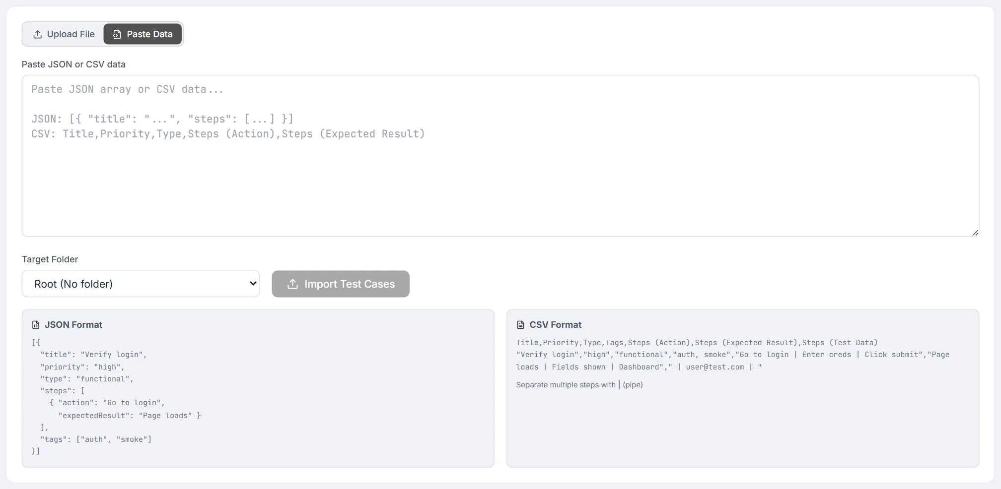 Import Test Cases in Paste Data mode — the paste box for a JSON array or CSV block