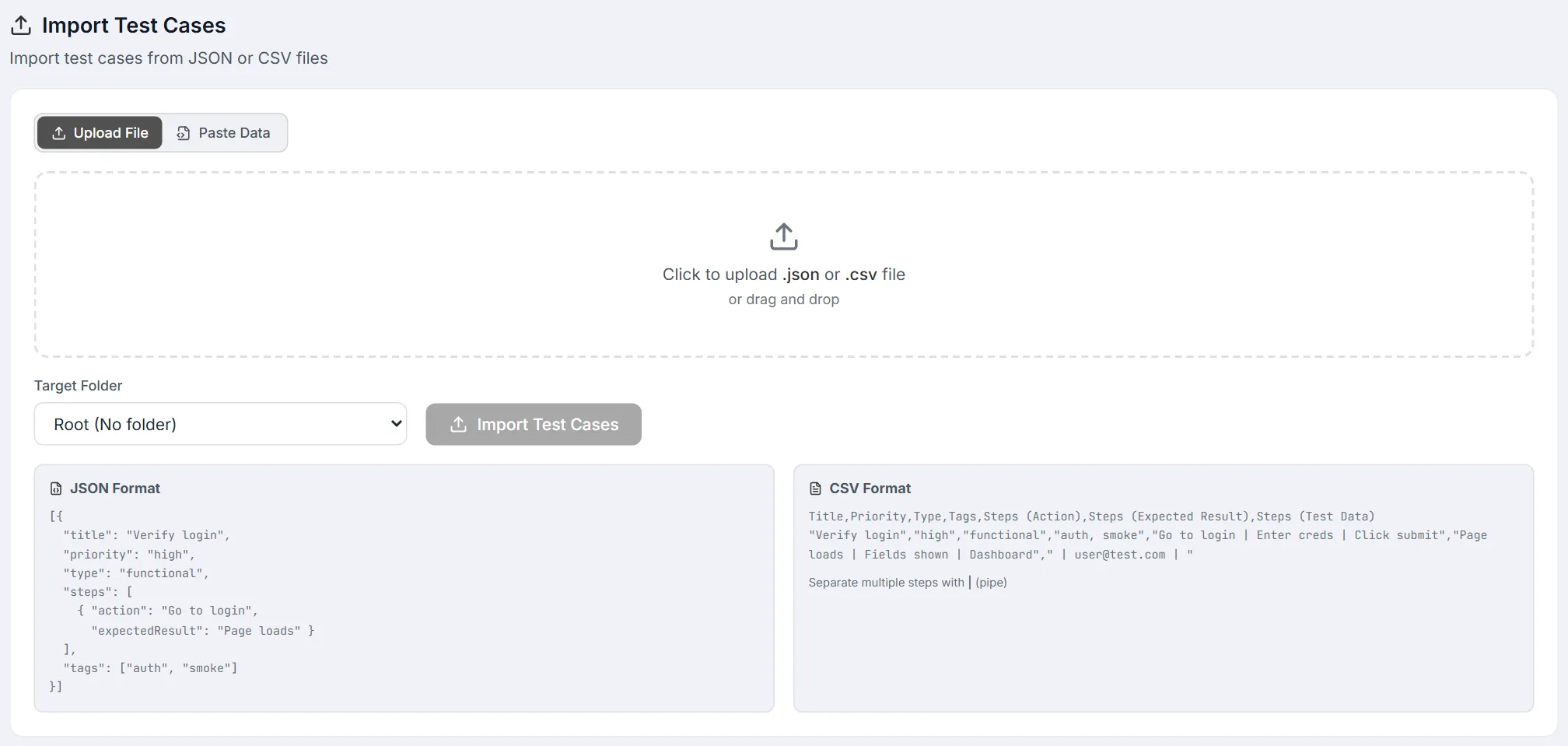 Import Test Cases in Upload File mode — drop zone, target folder, Import Test Cases and the JSON / CSV format cards