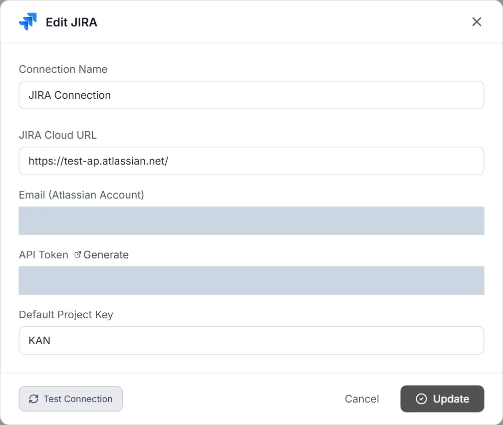 Edit JIRA dialog — Connection Name, JIRA Cloud URL, Email (Atlassian Account), API Token with a Generate link, Default Project Key, Test Connection and Update