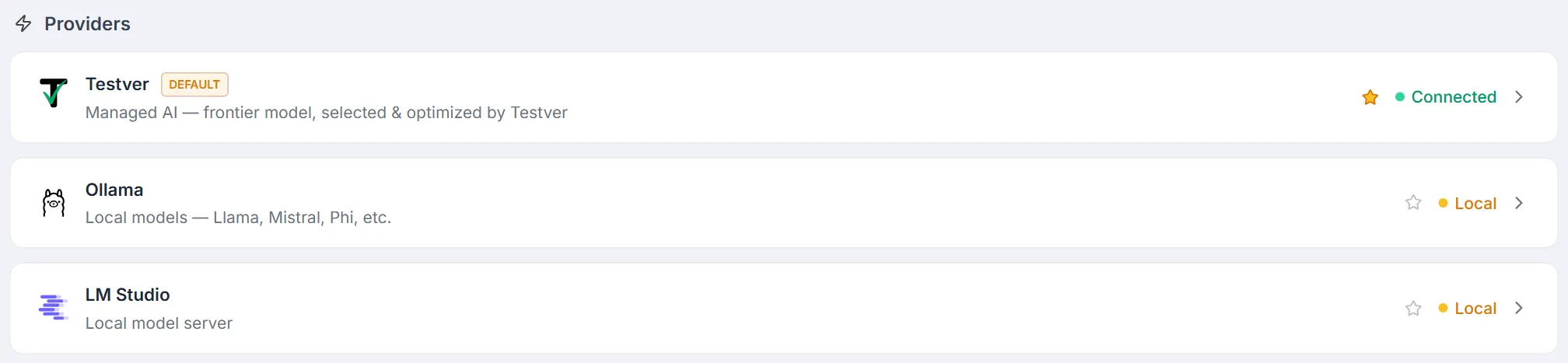 Settings → LLM → Providers — the Testver card marked Default and Connected, with Ollama and LM Studio as local providers