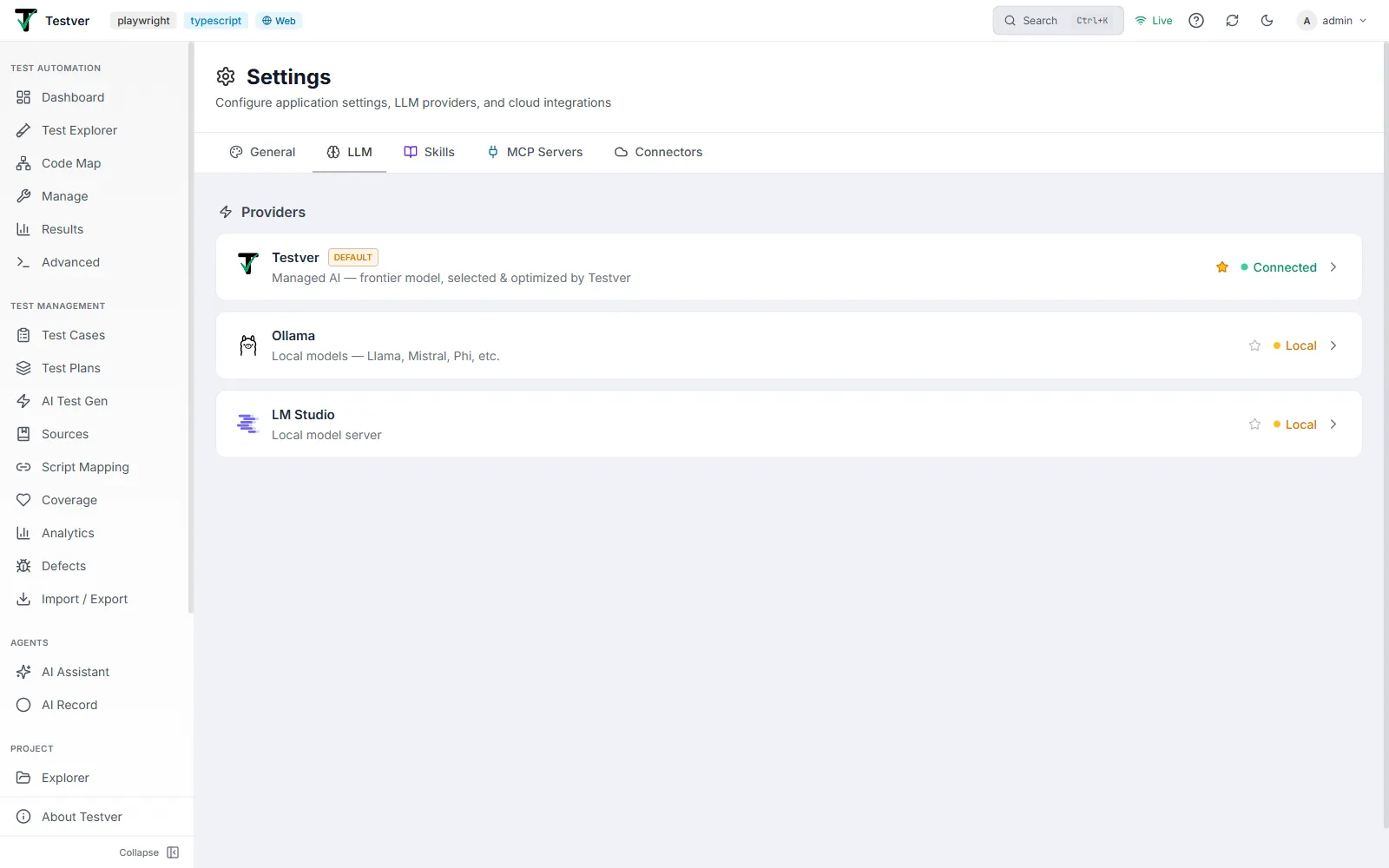 The LLM tab of the Settings screen