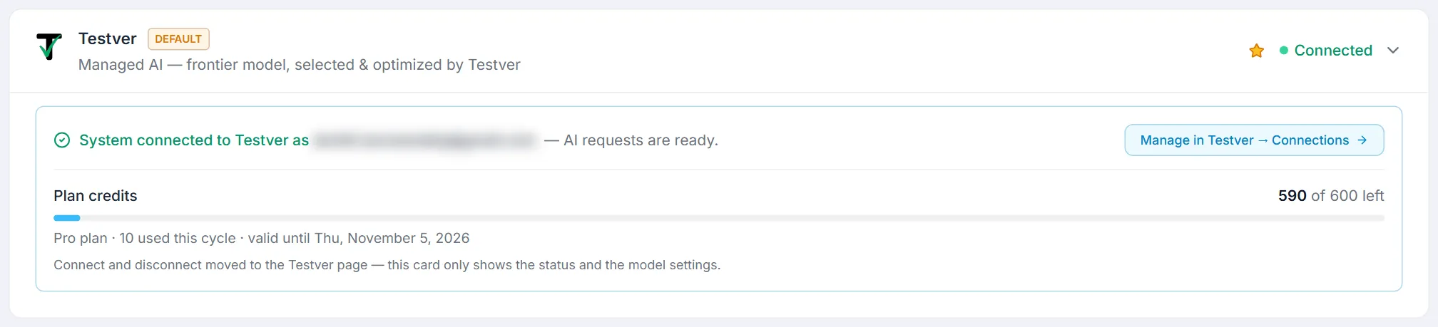 The Testver provider card expanded — the connected account, plan credits left this cycle, and a Manage in Testver → Connections link