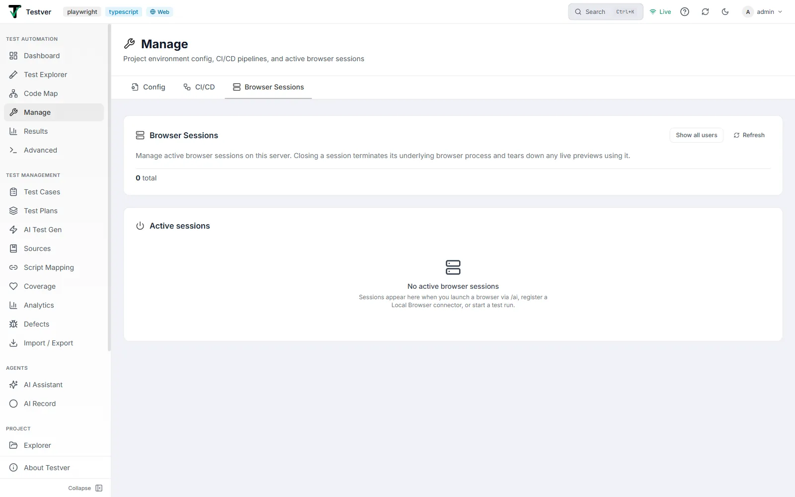 The Browser Sessions tab of the Manage screen