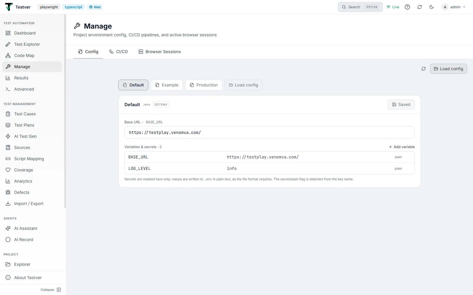 The Manage screen, showing the Config tab