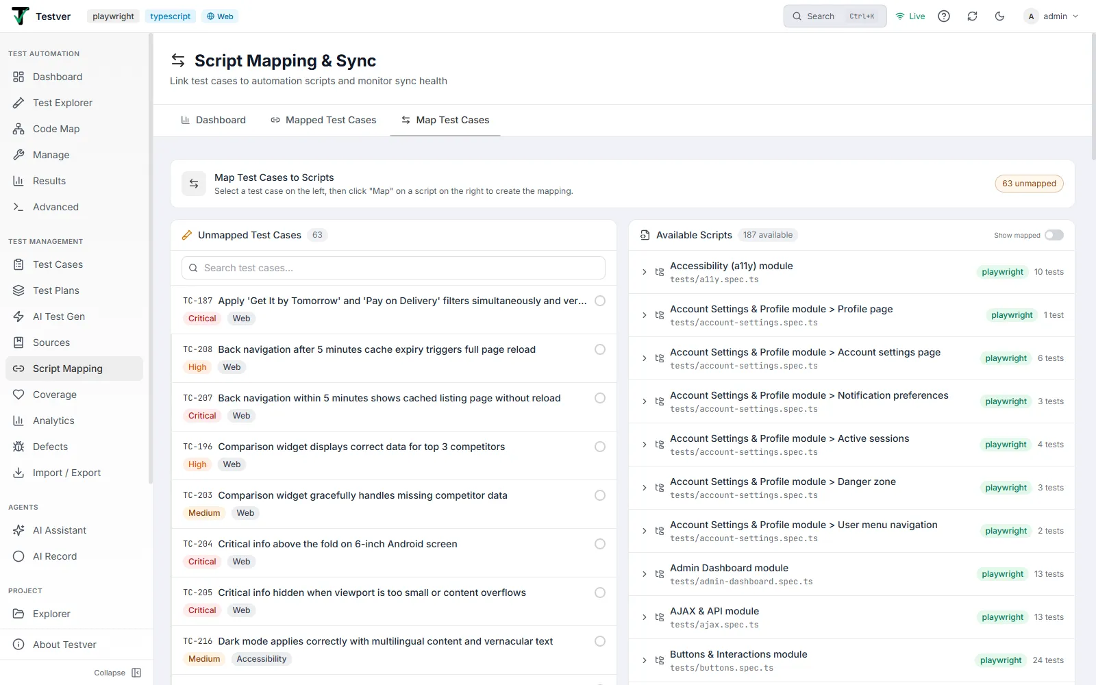 The Map Test Cases tab, with unmapped cases on the left and scripts on the right