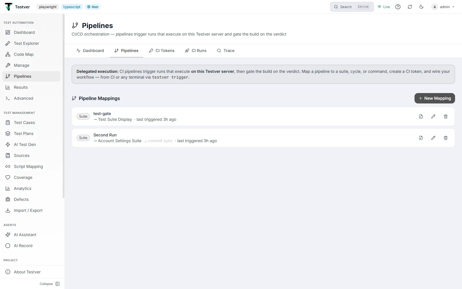 Pipelines tab listing pipeline mappings with their targets and actions