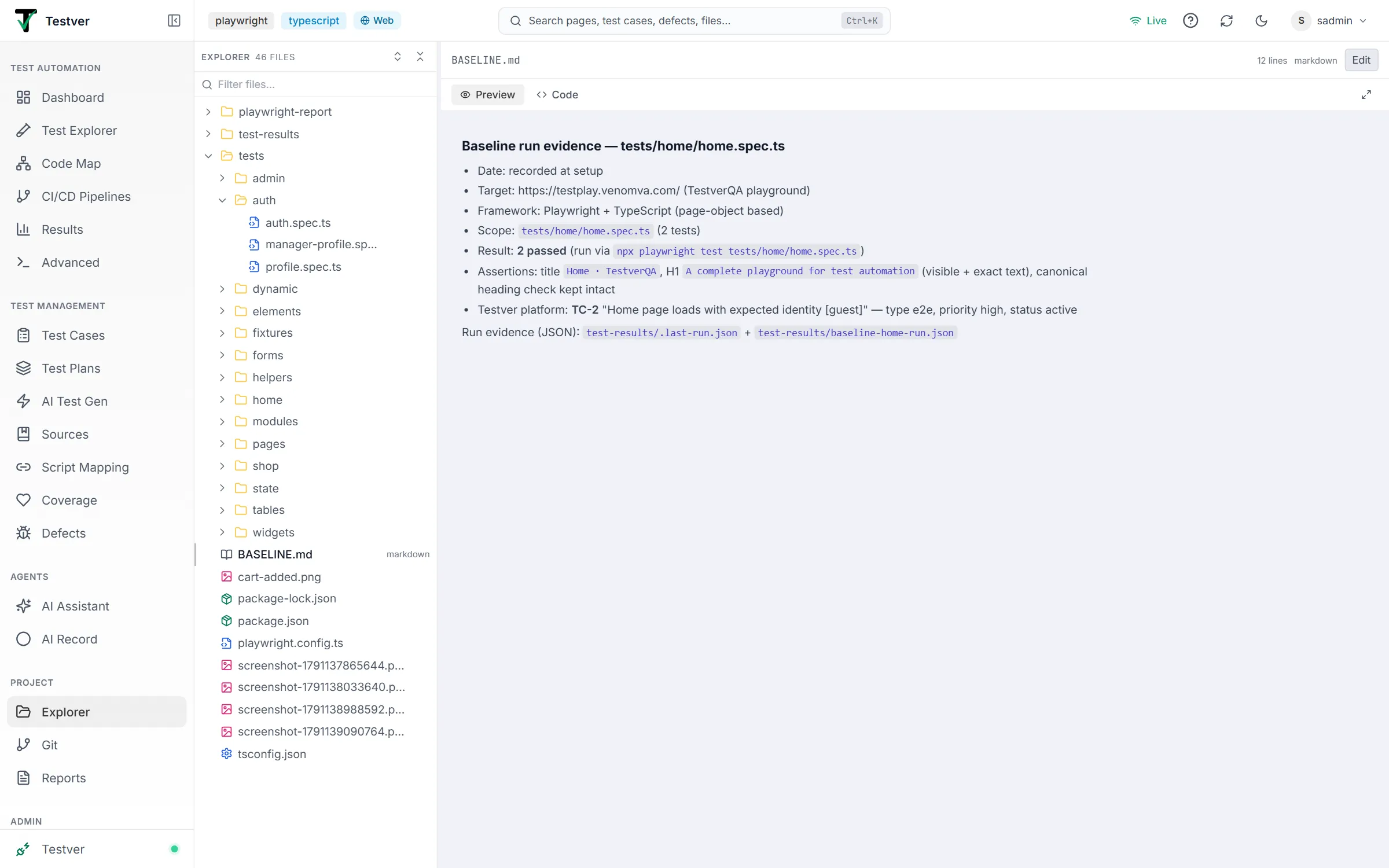 BASELINE.md open in the Markdown preview, with Preview and Code tabs and a fullscreen button
