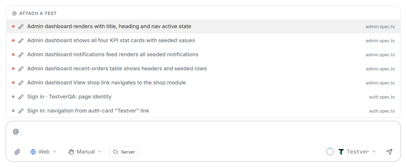 Typing @ opens Attach a test — discovered tests with their last-run status dot and spec file