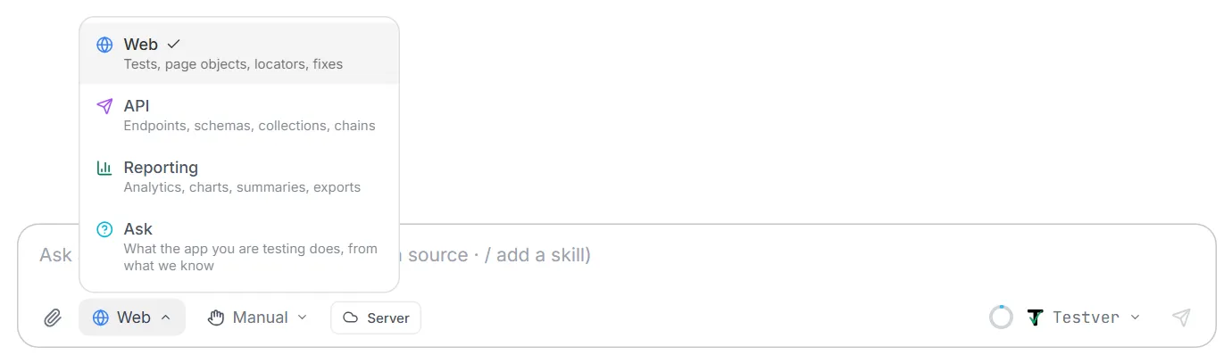 The mode picker open — Web (ticked), API, Reporting and Ask, each with its one-line description