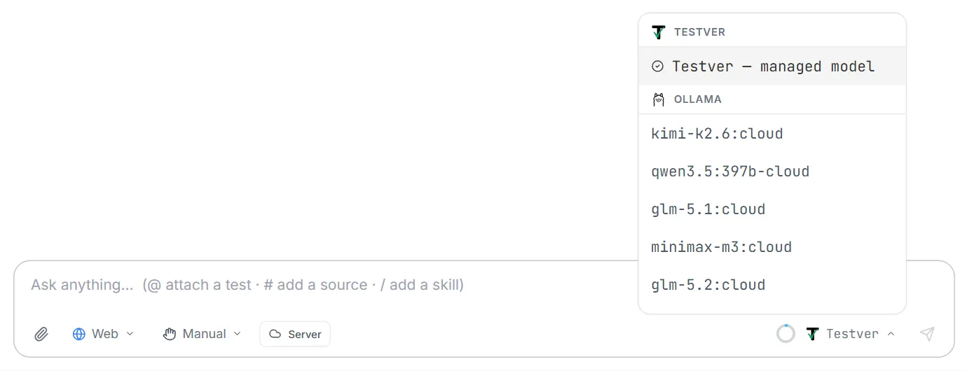 The model selector open — Testver managed model, and the models added for the Ollama provider