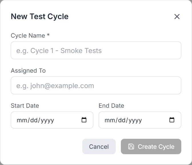 New Test Cycle dialog — cycle name, assigned to, start and end dates