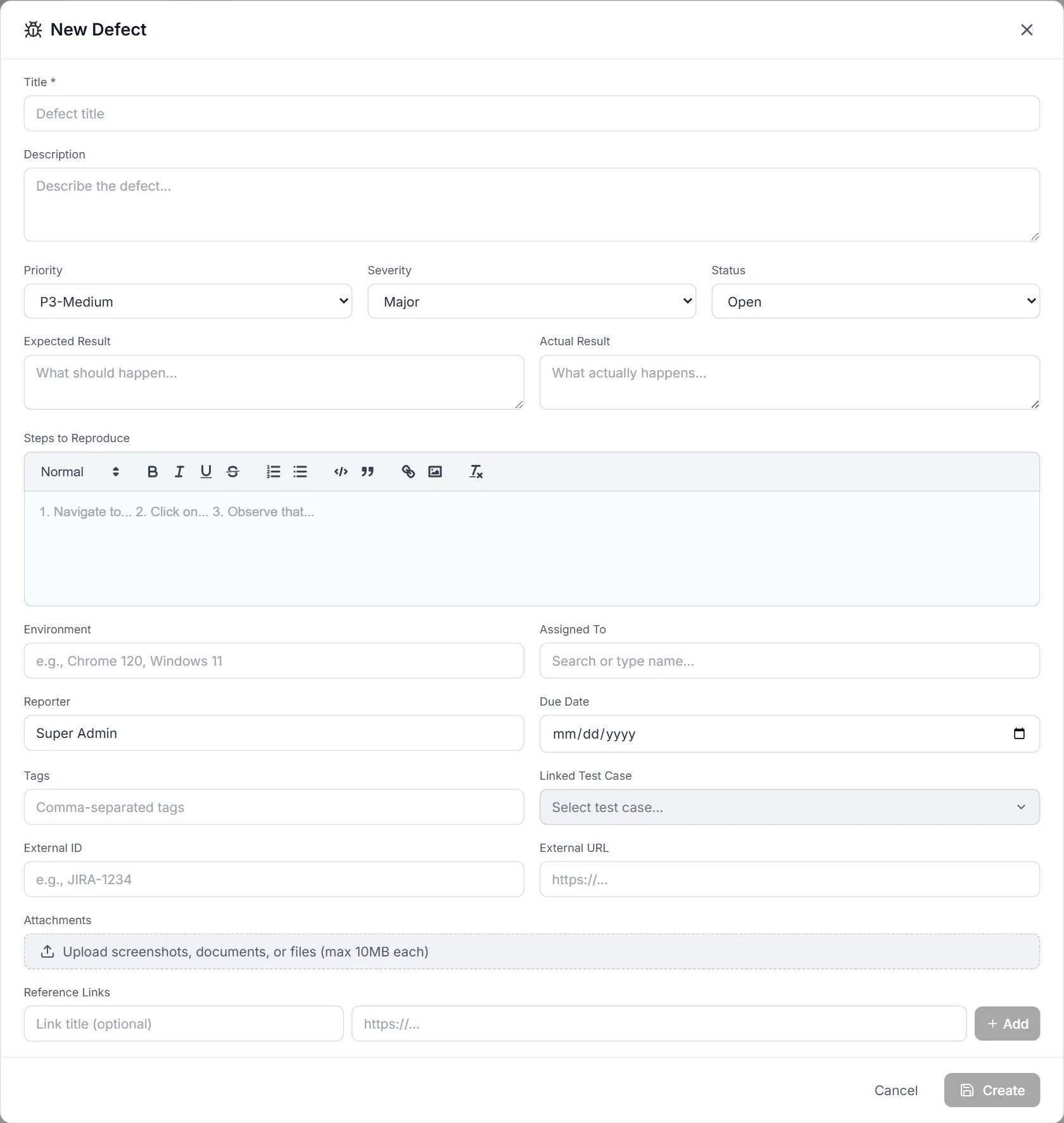 New Defect dialog — title, description, priority, severity, status, expected and actual result, rich-text steps, environment, assignee, reporter, due date, tags, linked test case, external ID / URL, attachments and reference links