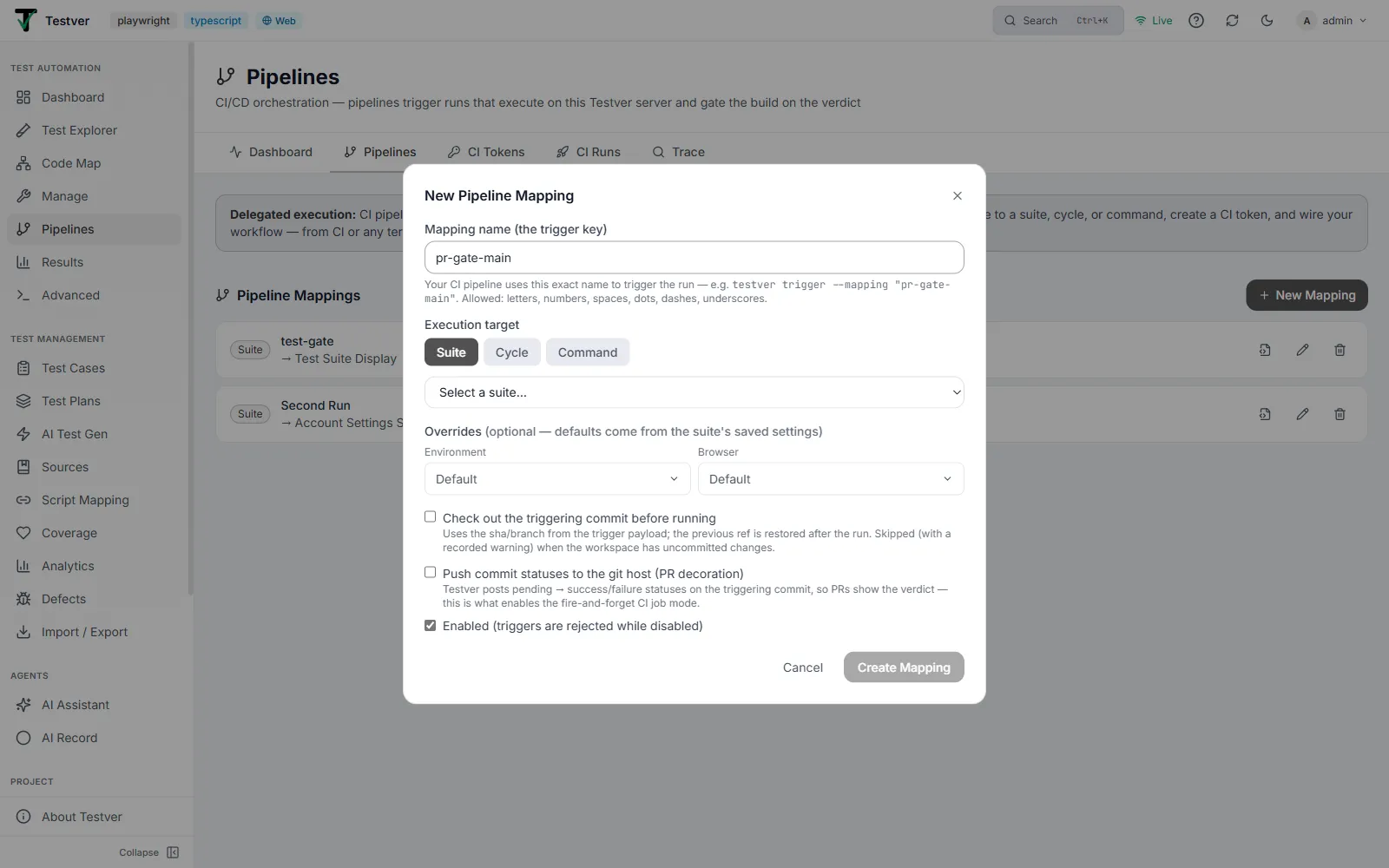 New Pipeline Mapping dialog — name, execution target, overrides, commit sync, and status push-back options
