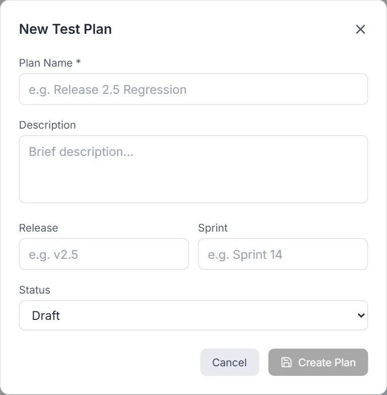 New Test Plan dialog — plan name, description, release, sprint and status