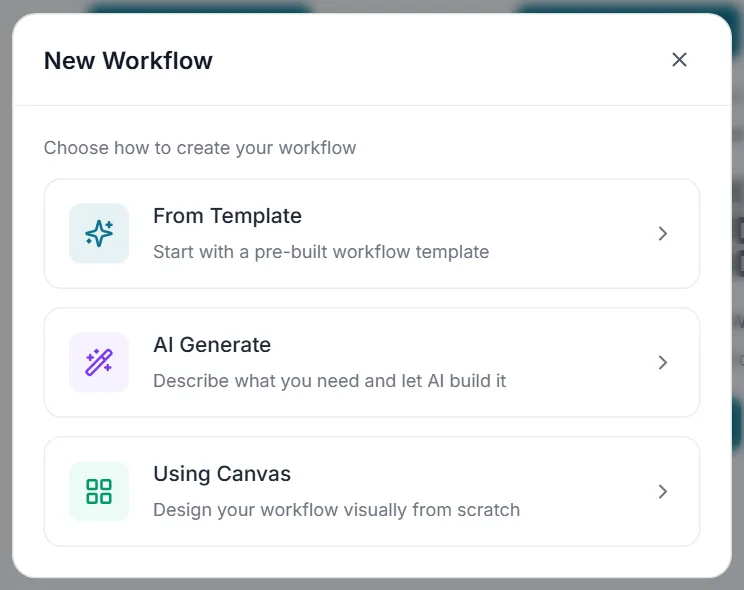 New Workflow dialog offering From Template, AI Generate and Using Canvas