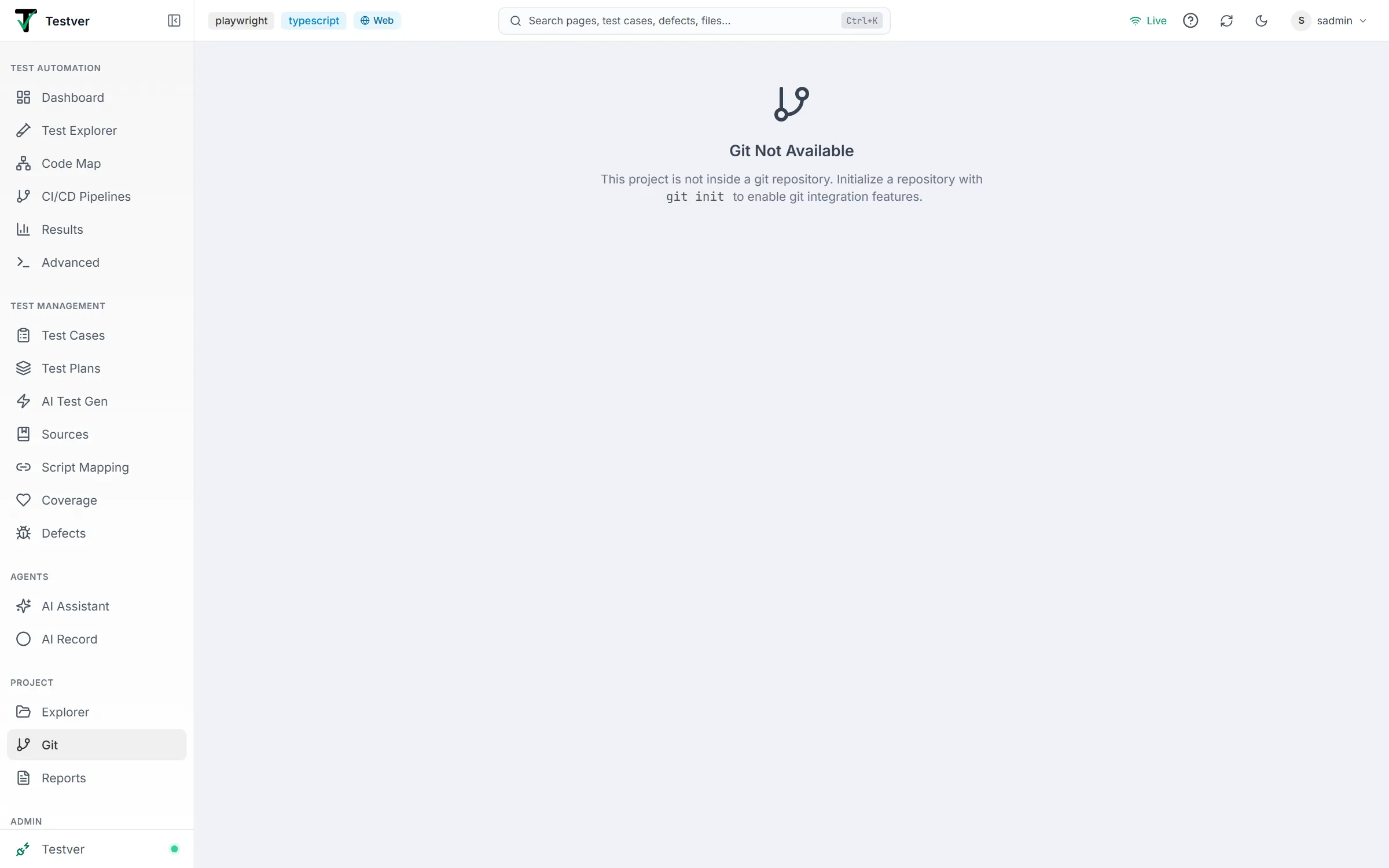Git screen showing Git Not Available — the project is not inside a git repository, with a git init hint