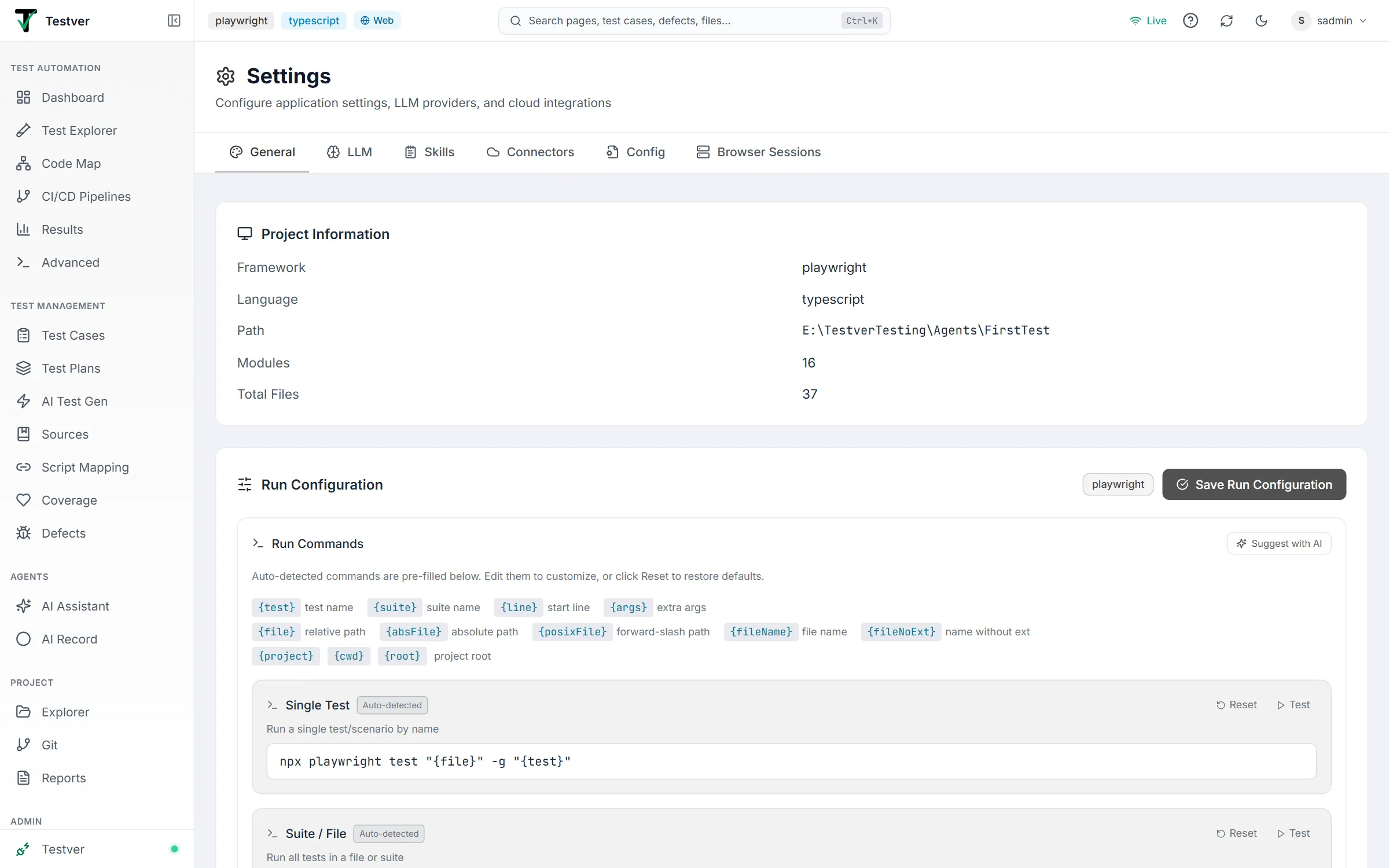 Settings screen on the General tab — the tab bar, the Project Information card and the top of Run Configuration