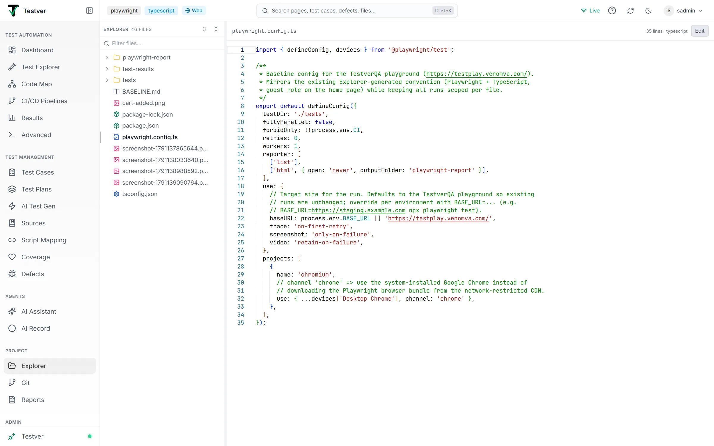 Project Explorer — the project file tree on the left and playwright.config.ts open in the code viewer on the right