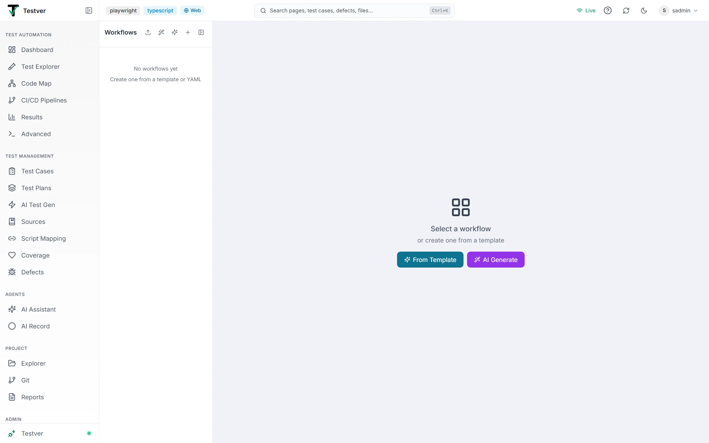 Workflows screen with no workflows yet — the sidebar with its create buttons and the Select a workflow empty state with From Template and AI Generate