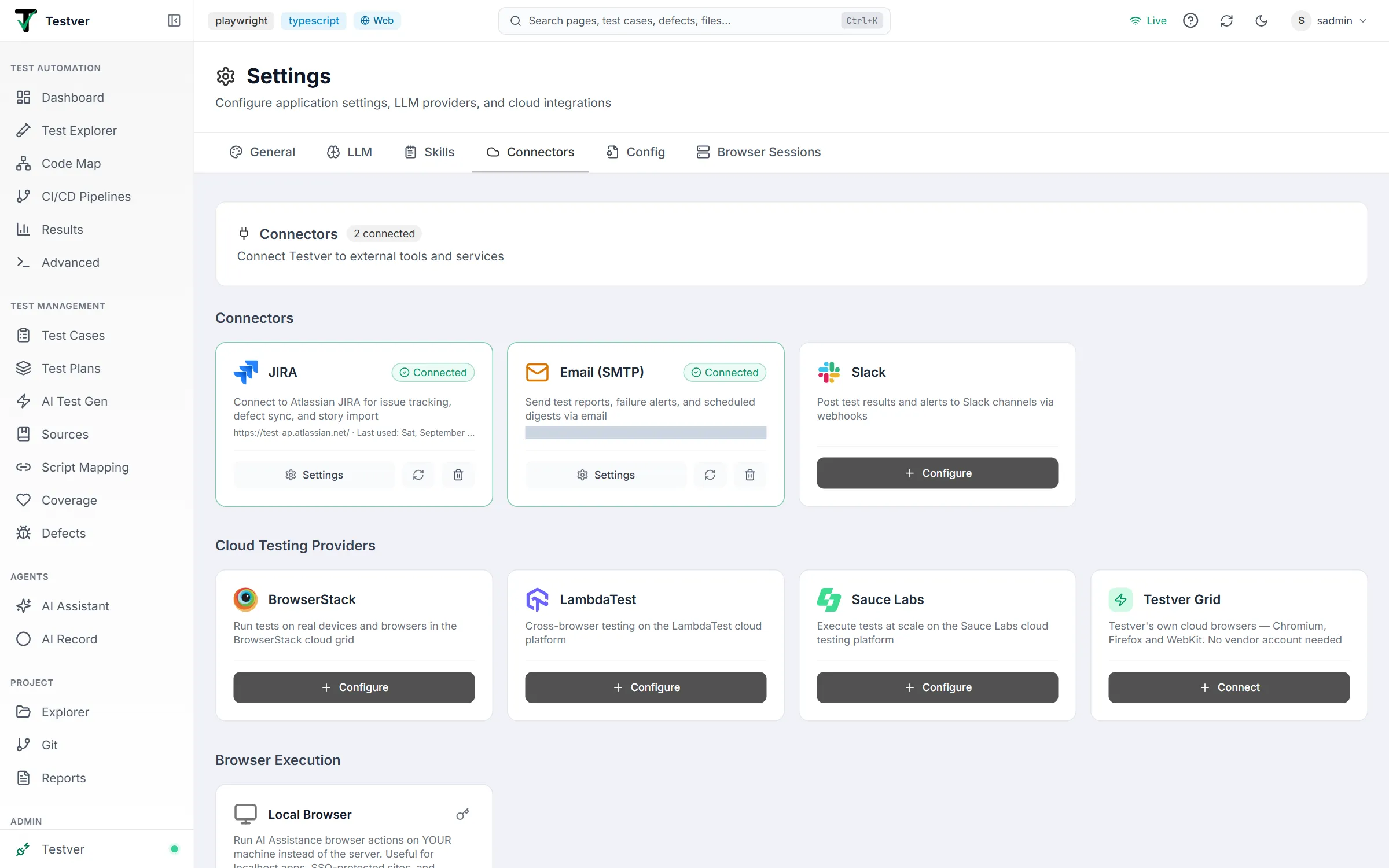 Connectors tab — the Connectors header with 2 connected, the JIRA, Email (SMTP) and Slack cards, the Cloud Testing Providers row and the Local Browser card