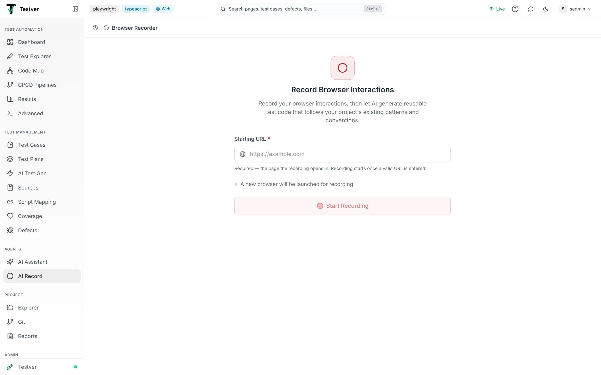 The AI Record screen — Browser Recorder header with the History button, and the Record Browser Interactions setup with Starting URL and Start Recording