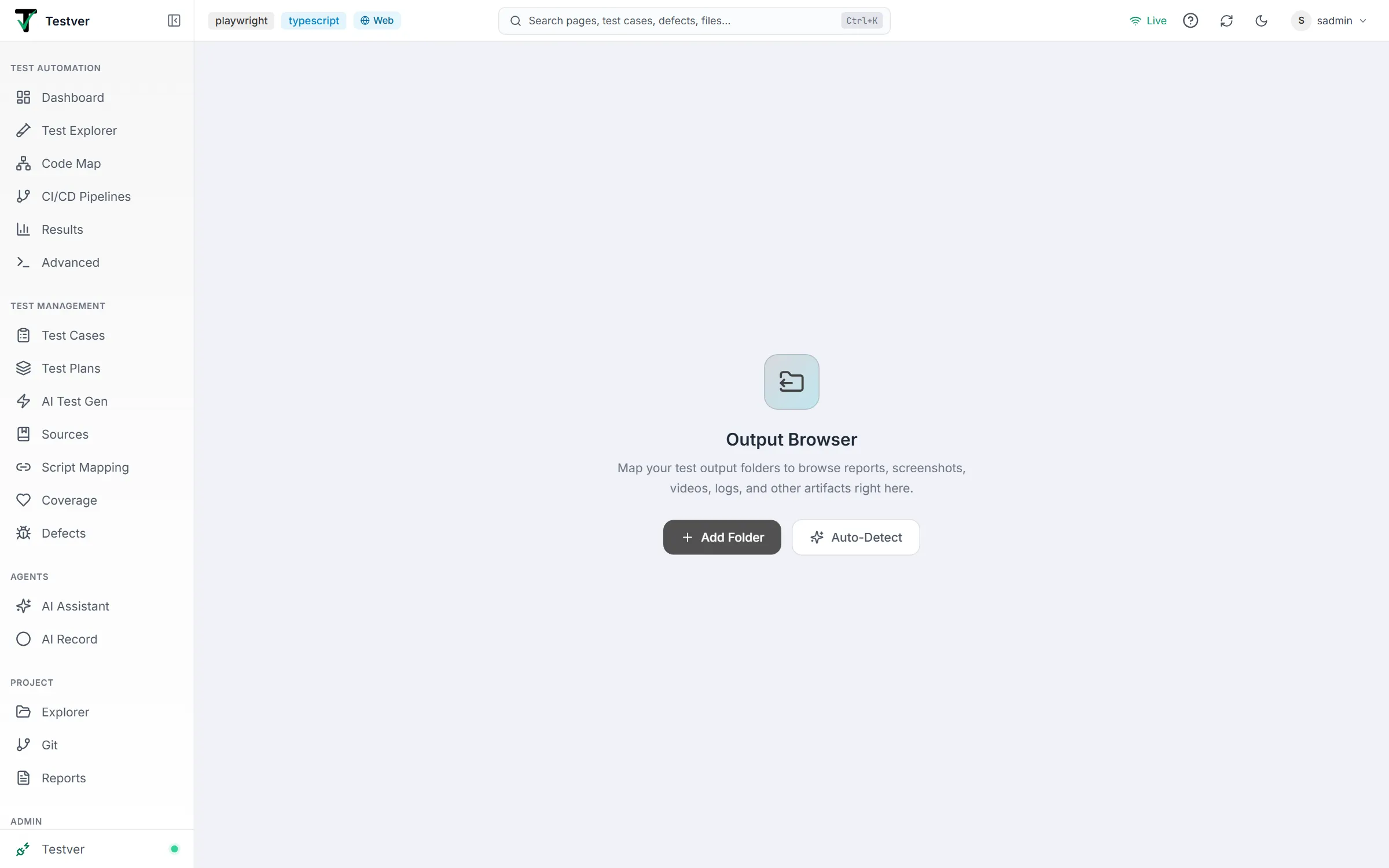 Output screen first-run welcome — the Output Browser card with Add Folder and Auto-Detect buttons
