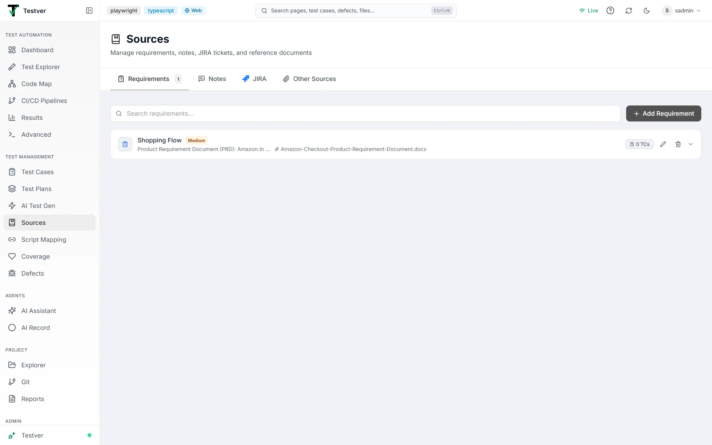 Sources screen on the Requirements tab — search box, Add Requirement and a requirement card