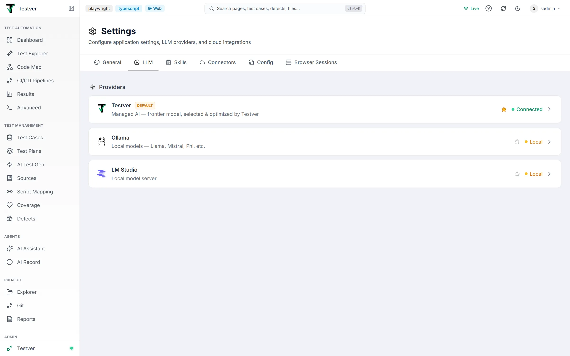 LLM tab listing the Testver provider (default, connected) and the Ollama and LM Studio local providers