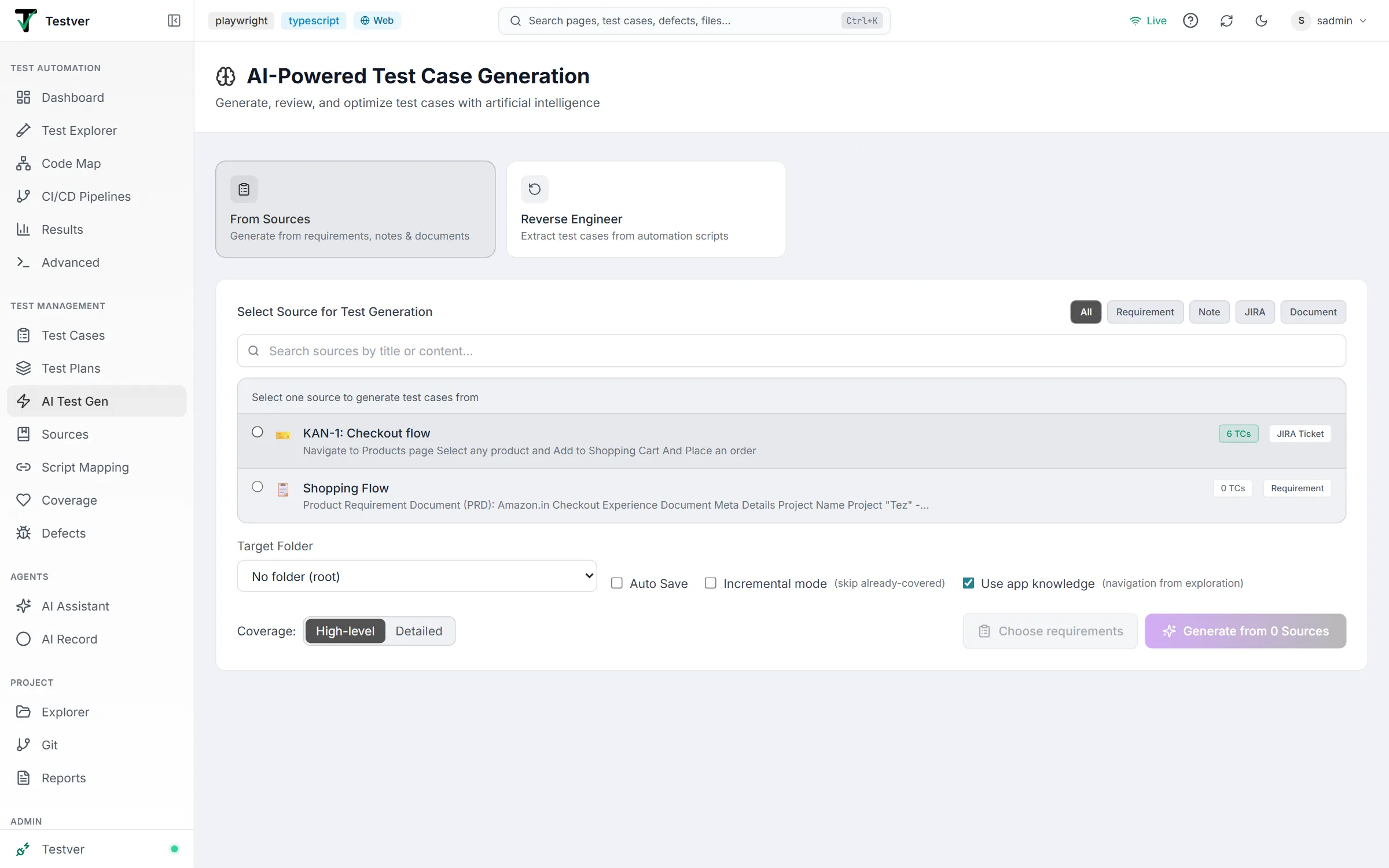 AI Test Gen screen — From Sources and Reverse Engineer mode cards above the source picker, options and generate buttons