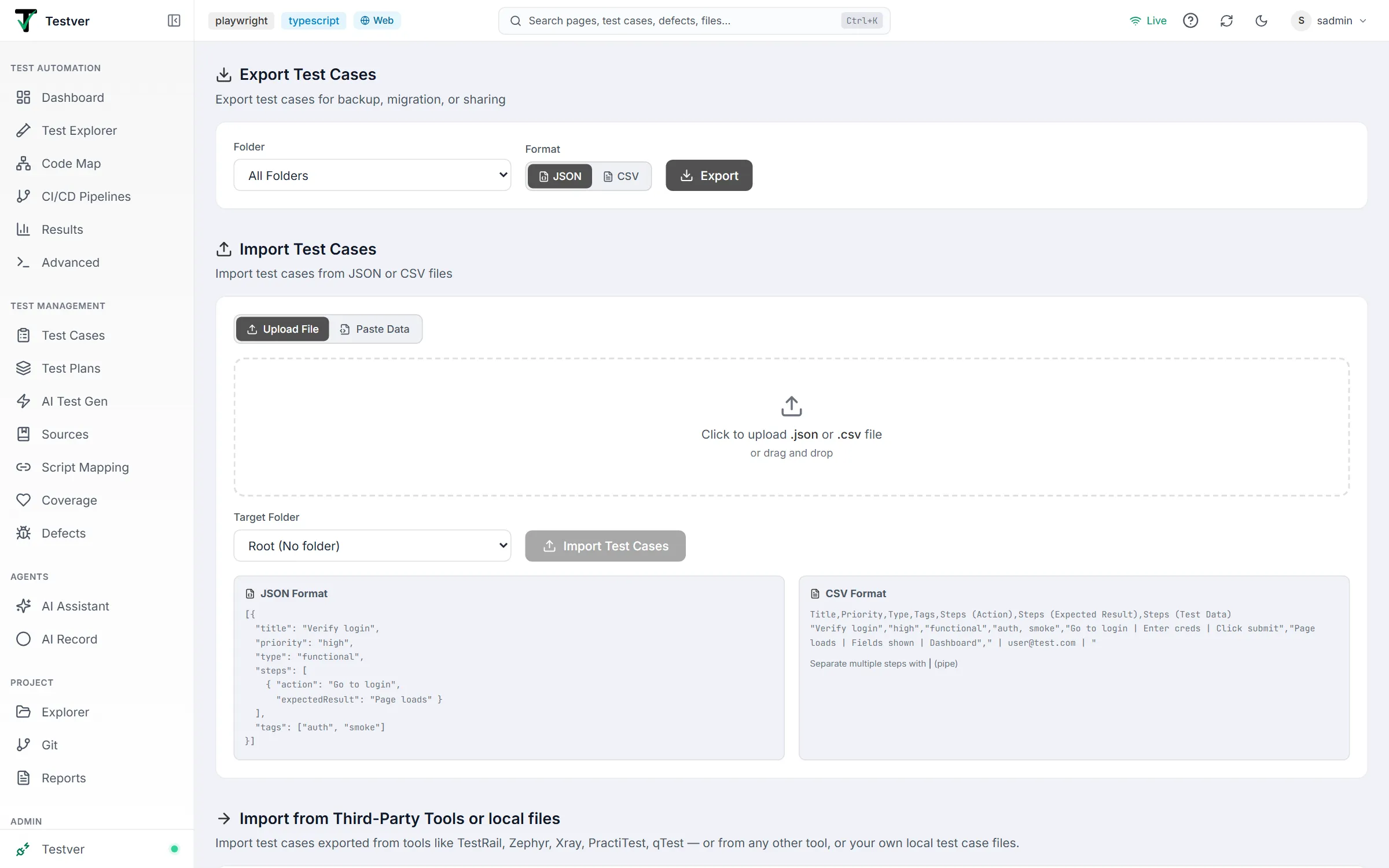 Import / Export screen — Export Test Cases, Import Test Cases with the upload zone and format cards, and the third-party section