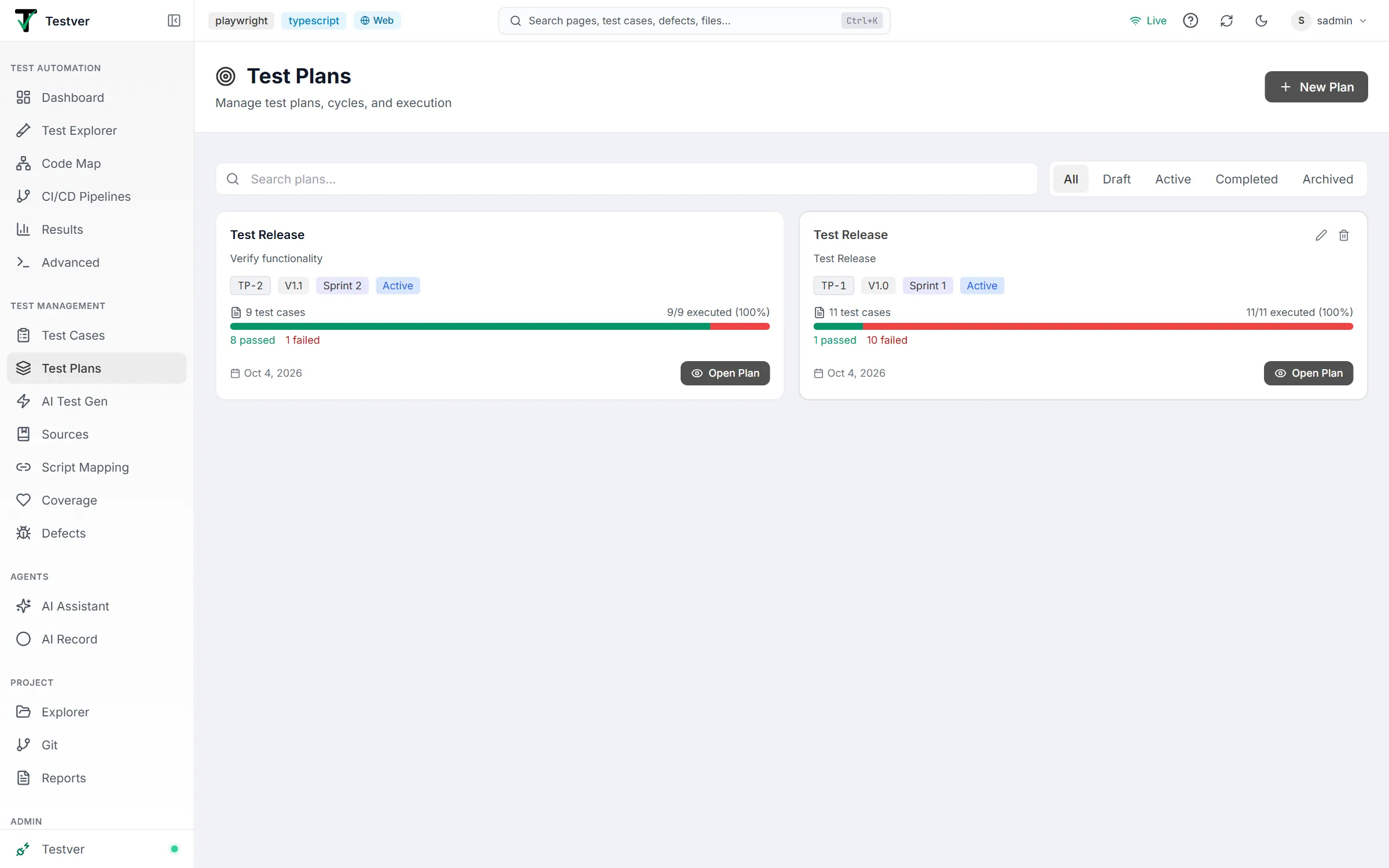 Test Plans screen — search box, status filter pills and plan cards with progress bars and Open Plan buttons