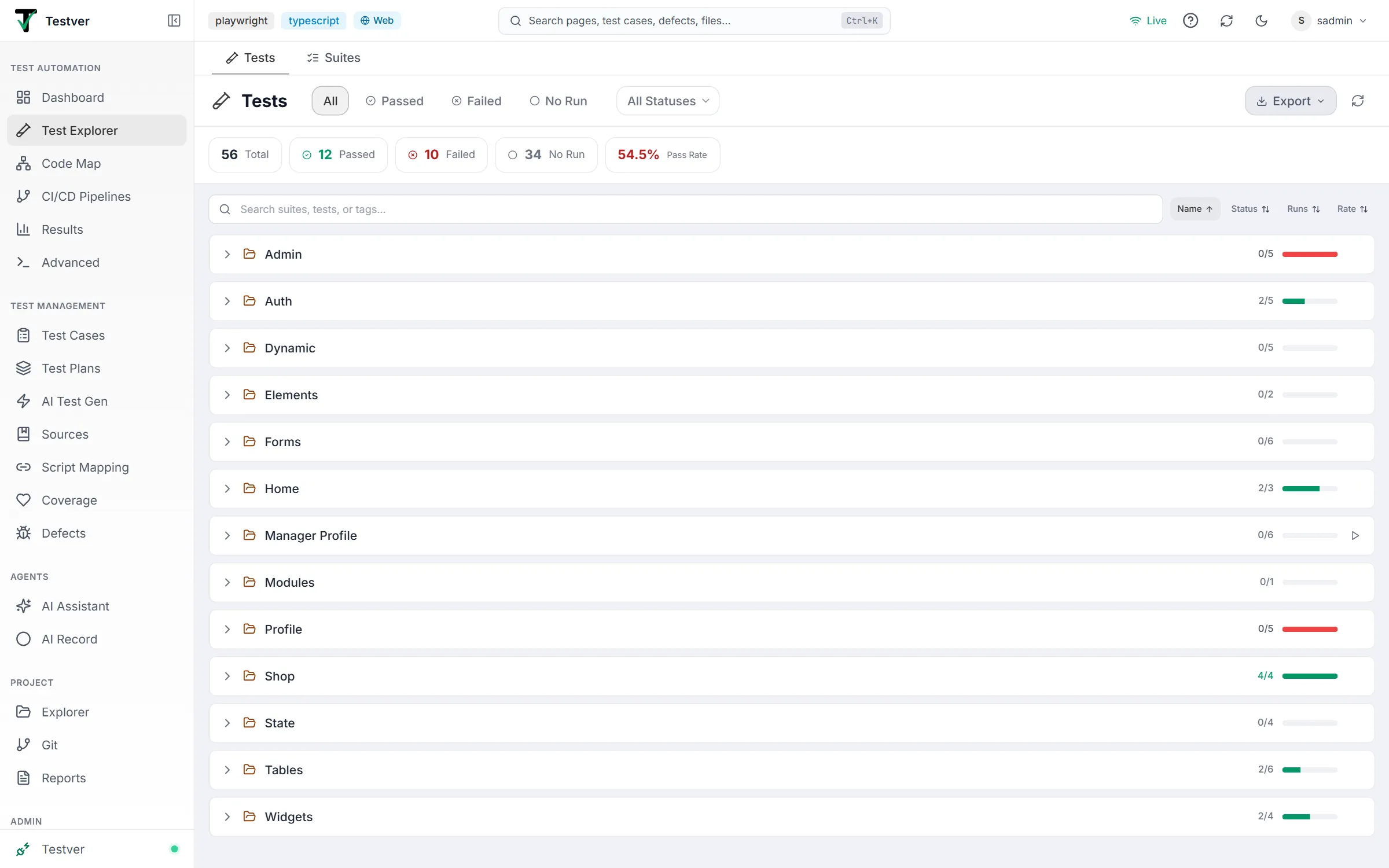 Test Explorer on the Tests tab: status chips, All Statuses filter, Export, the stats strip, search and sort, and collapsible suite cards