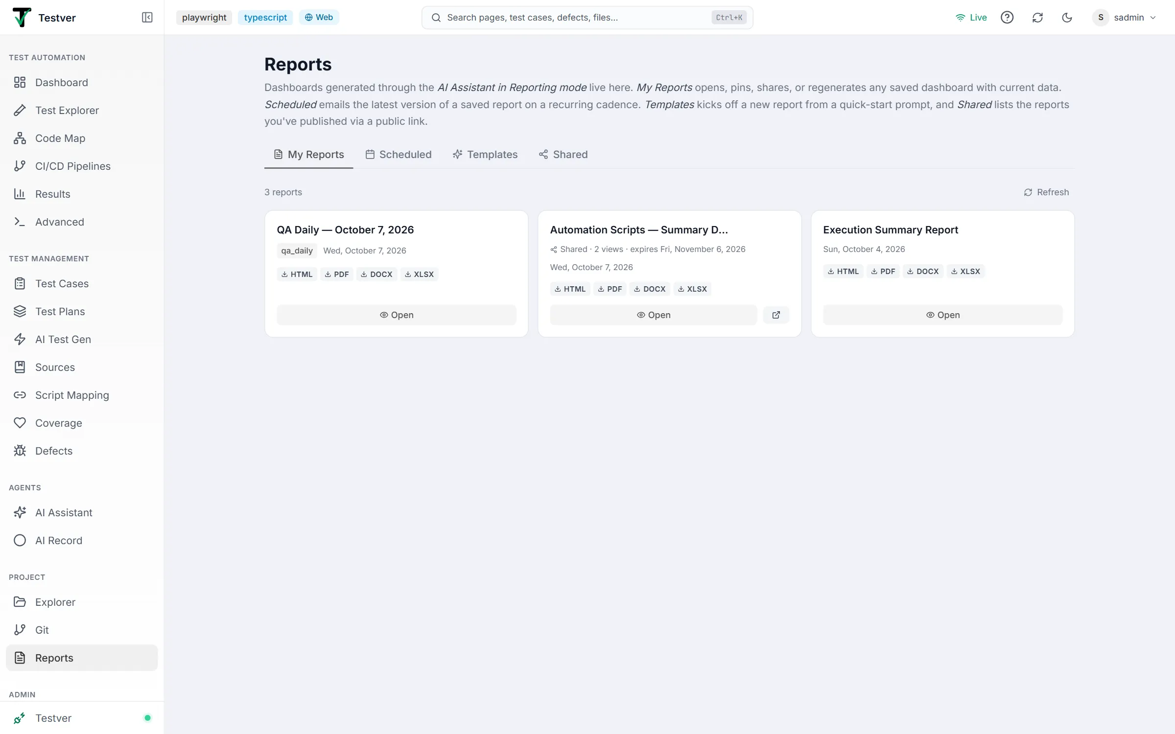 Reports screen on the My Reports tab — page header, the four tabs, a 3 reports count with Refresh, and three report cards with download pills and Open buttons