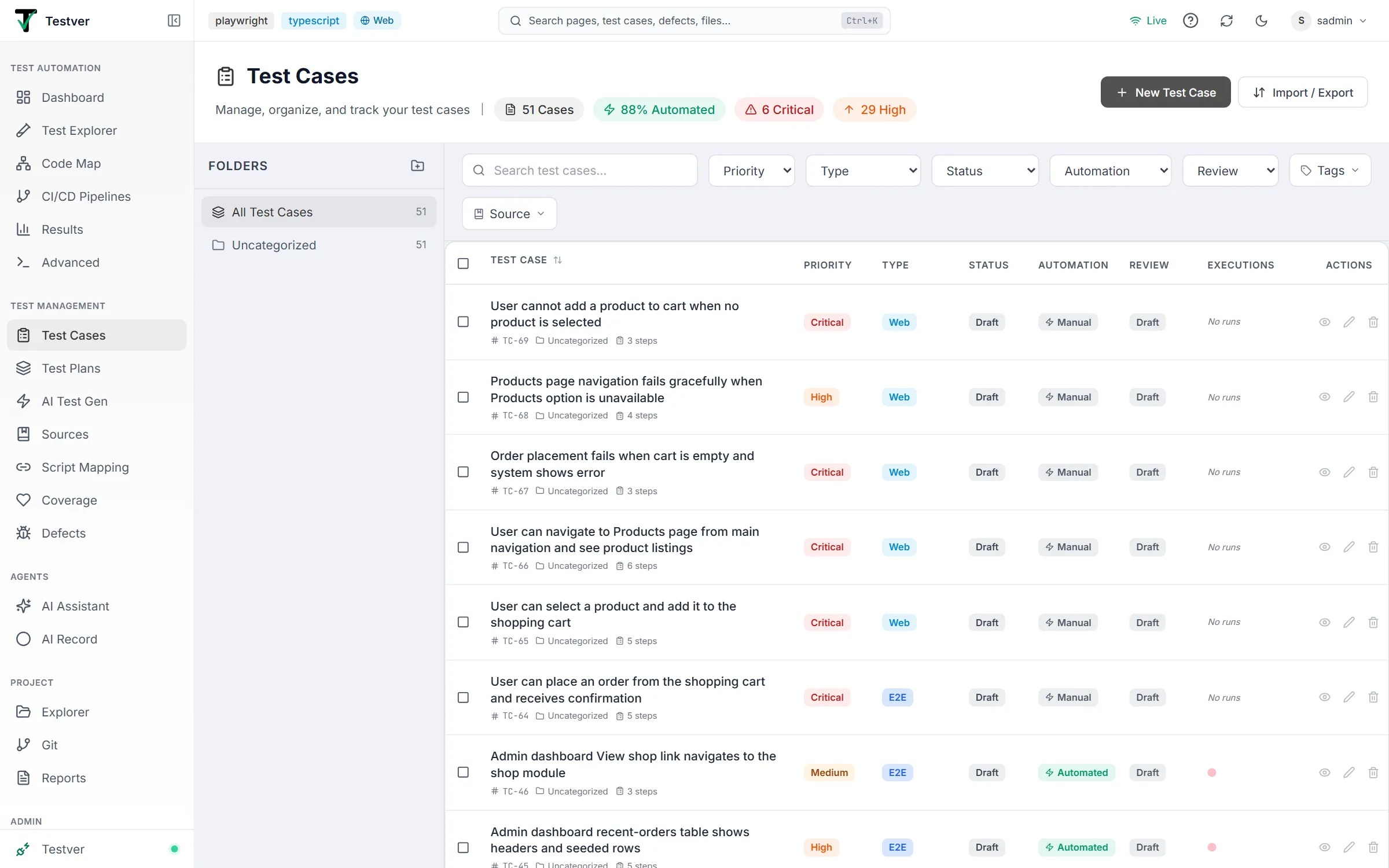 Test Cases screen — folder panel, filter bar and the case table with priority, type, status, automation, review and execution columns