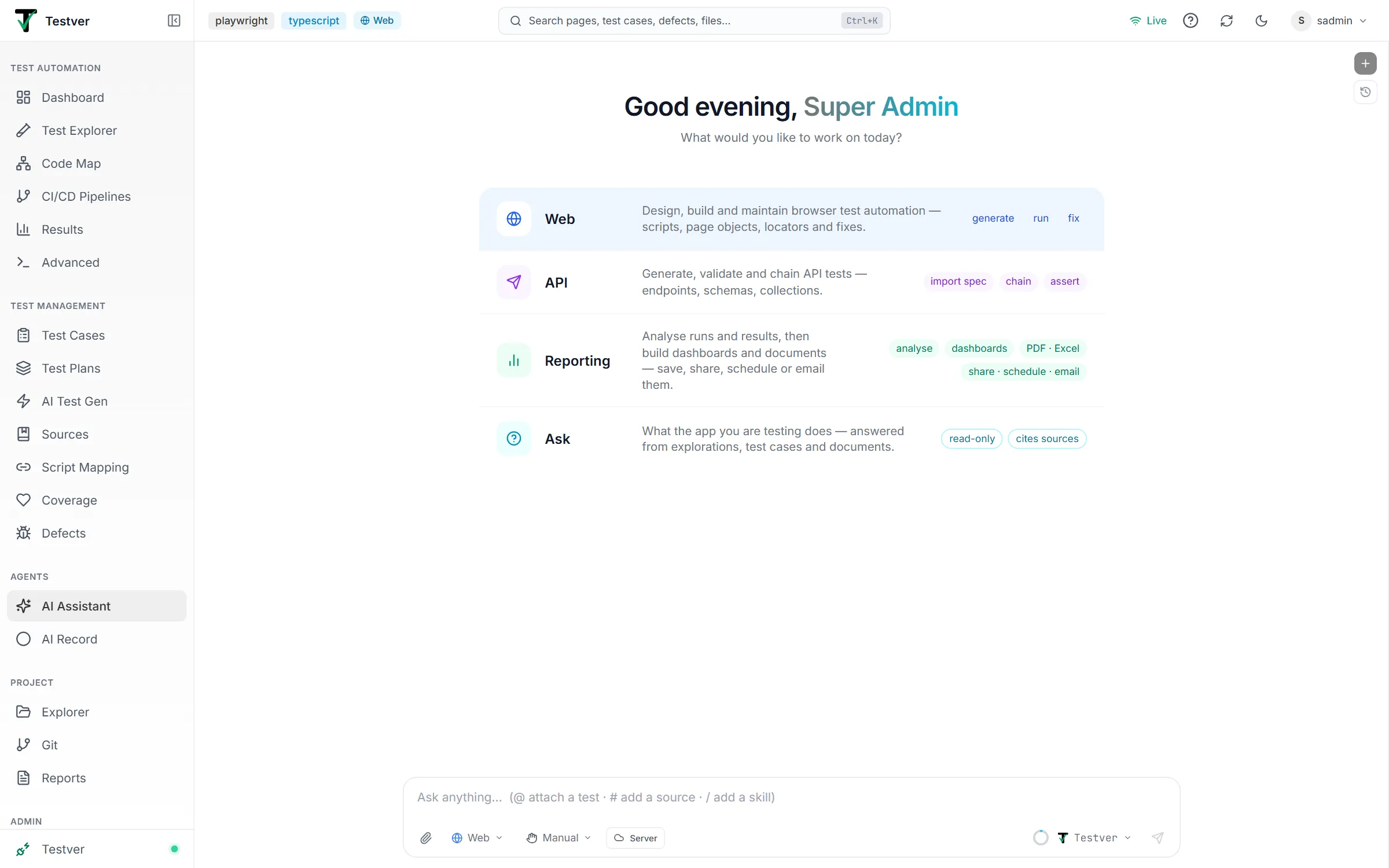 The AI Assistant screen — greeting, one row per mode (Web, API, Reporting, Ask) and the composer at the bottom