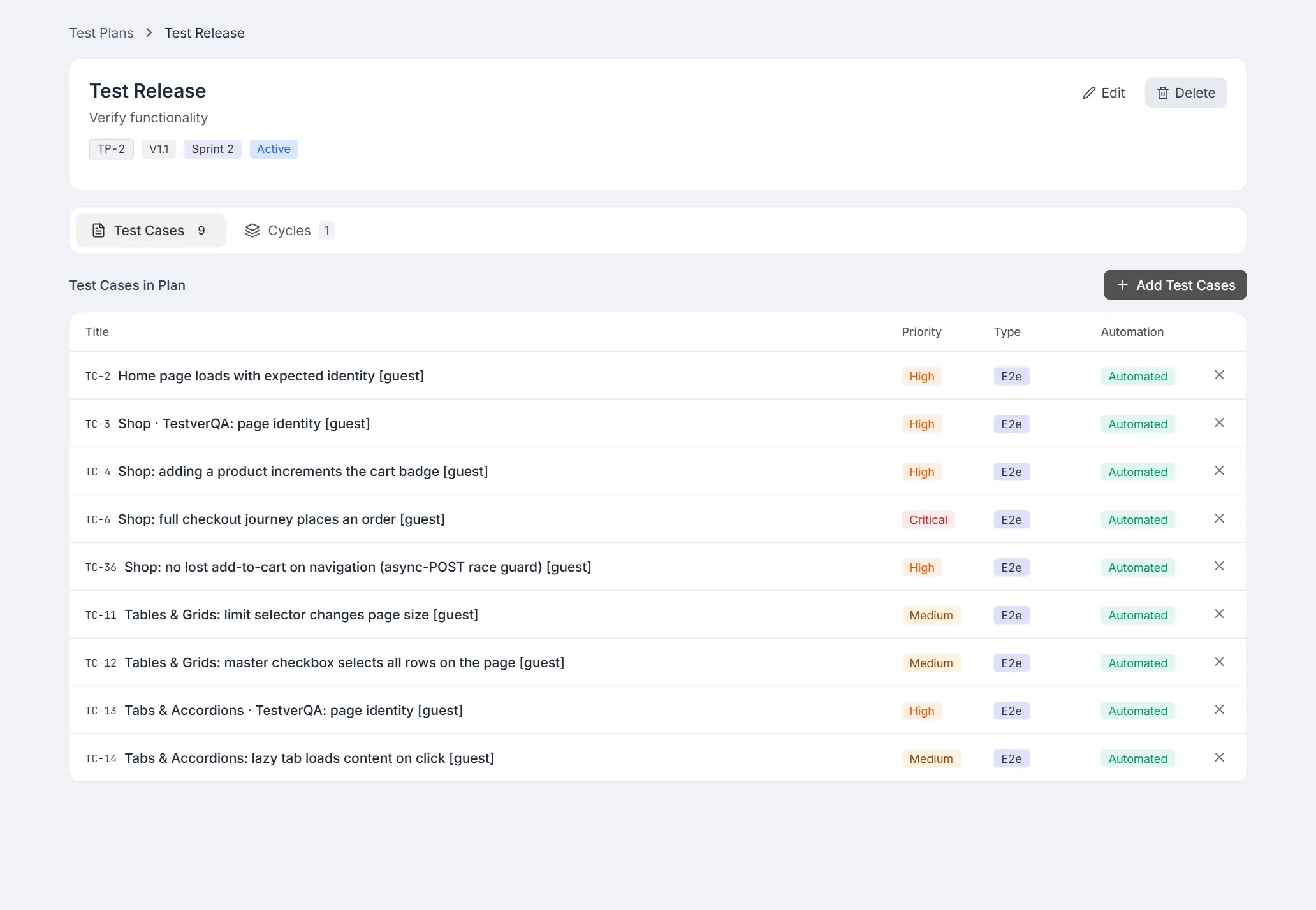 Plan detail on the Test Cases tab — plan header with Edit / Delete and the table of cases in the plan