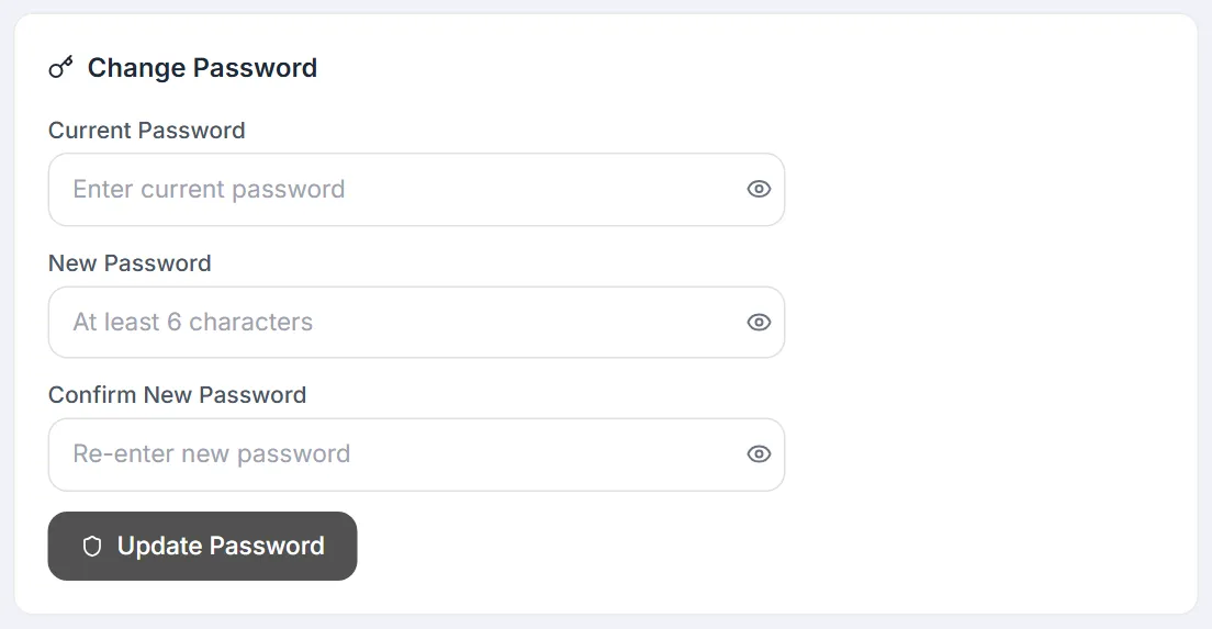 Change Password card — Current Password, New Password and Confirm New Password fields, each with a show toggle, and the Update Password button