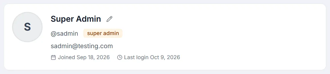 Profile overview card — avatar initial, display name with a pencil to edit it, @username, role badge, email, joined and last-login dates