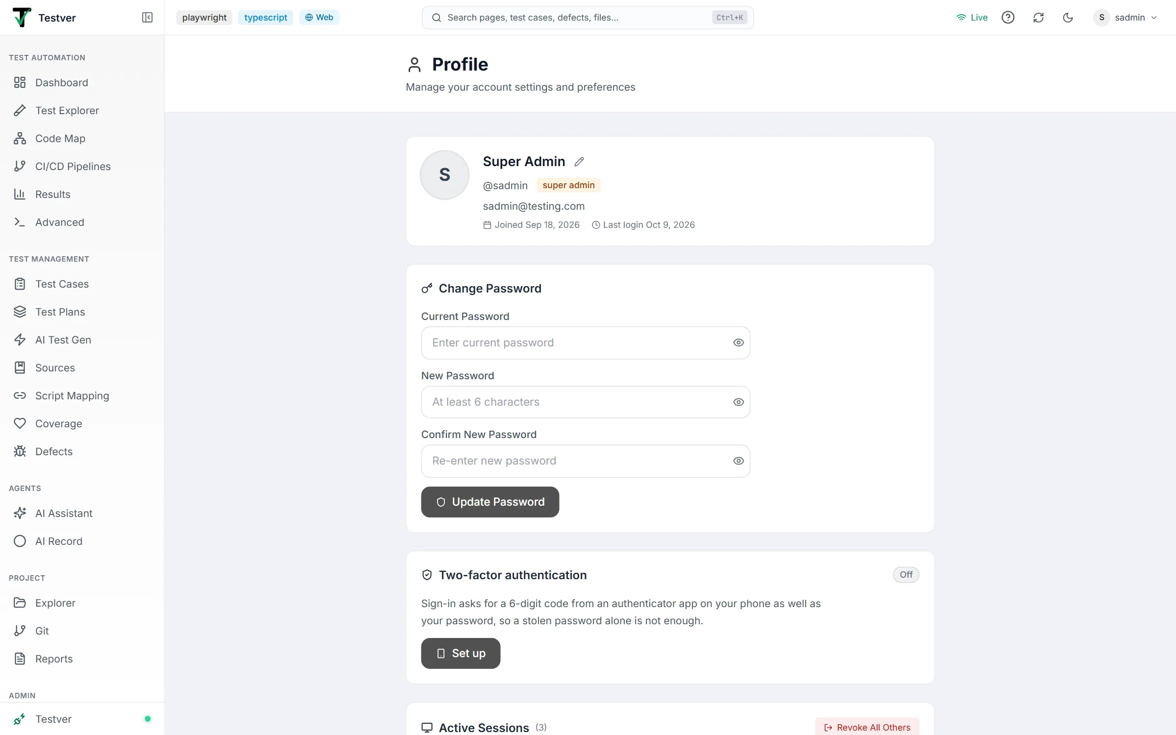 The Profile screen — identity card, Change Password form and Two-factor authentication card in a single column