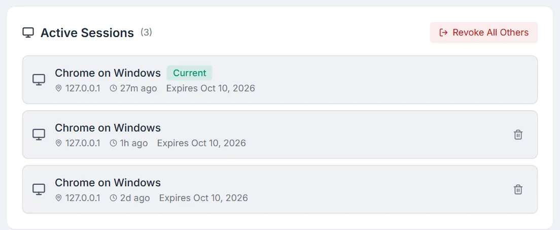 Active Sessions card — Chrome on Windows sessions with IP, age and expiry date, the current one marked Current, a trash-can revoke button on the others, and Revoke All Others